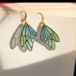 Blue and Green Butterfly Wing Earrings - Handmade